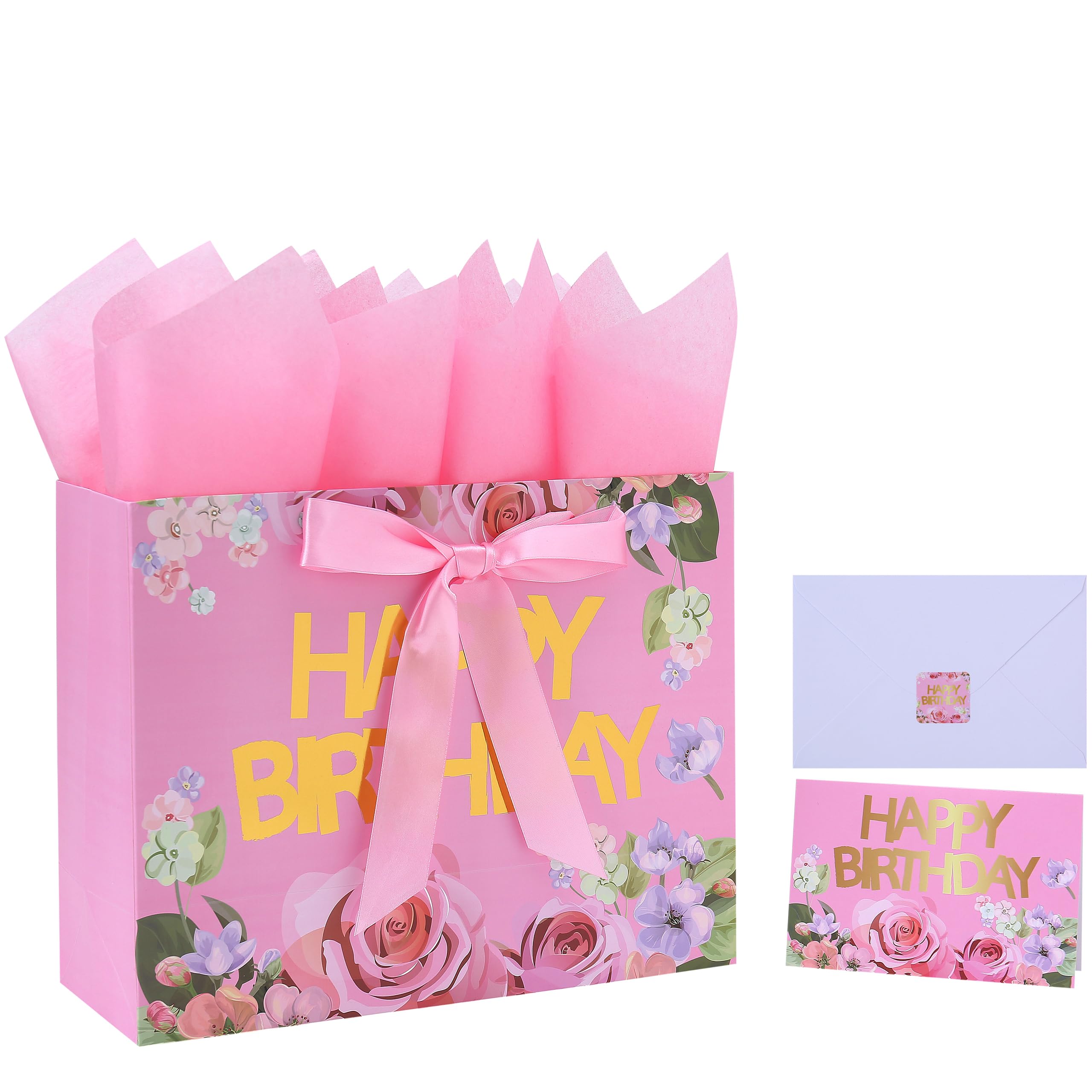 13" Large Pink Gift Bags Set with Greeting Card and Tissue Papers (Roses and Gold Foil ‘Happy Birthday’) for Women's Birthday Party, Girls' or Kids' Birthday Parties, Baby Girl, Baby Shower-13”x5.2”x10.2”,1 Pcs.