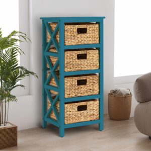 eHemco 4 Tier X-Side End Storage Cabinet with 4 Wicker Baskets, Teal