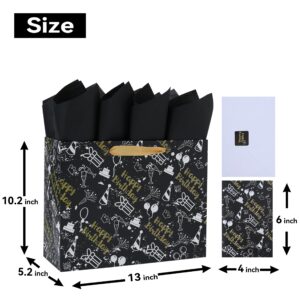 13" Large Black Gift Bag Set with Greeting Card and Tissue Papers (Cakes and Gifts Design) for Men's or Women's Party, Boys', Girls' or Kids' Birthday Parties, Baby Boy or Girl, Baby Shower-13”x5.2”x10.2”, 1 Pcs.