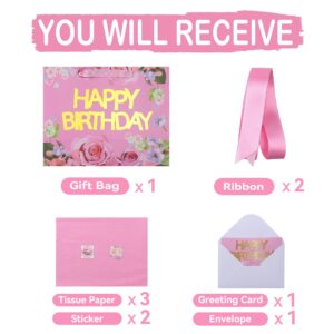 13" Large Pink Gift Bags Set with Greeting Card and Tissue Papers (Roses and Gold Foil ‘Happy Birthday’) for Women's Birthday Party, Girls' or Kids' Birthday Parties, Baby Girl, Baby Shower-13”x5.2”x10.2”,1 Pcs.