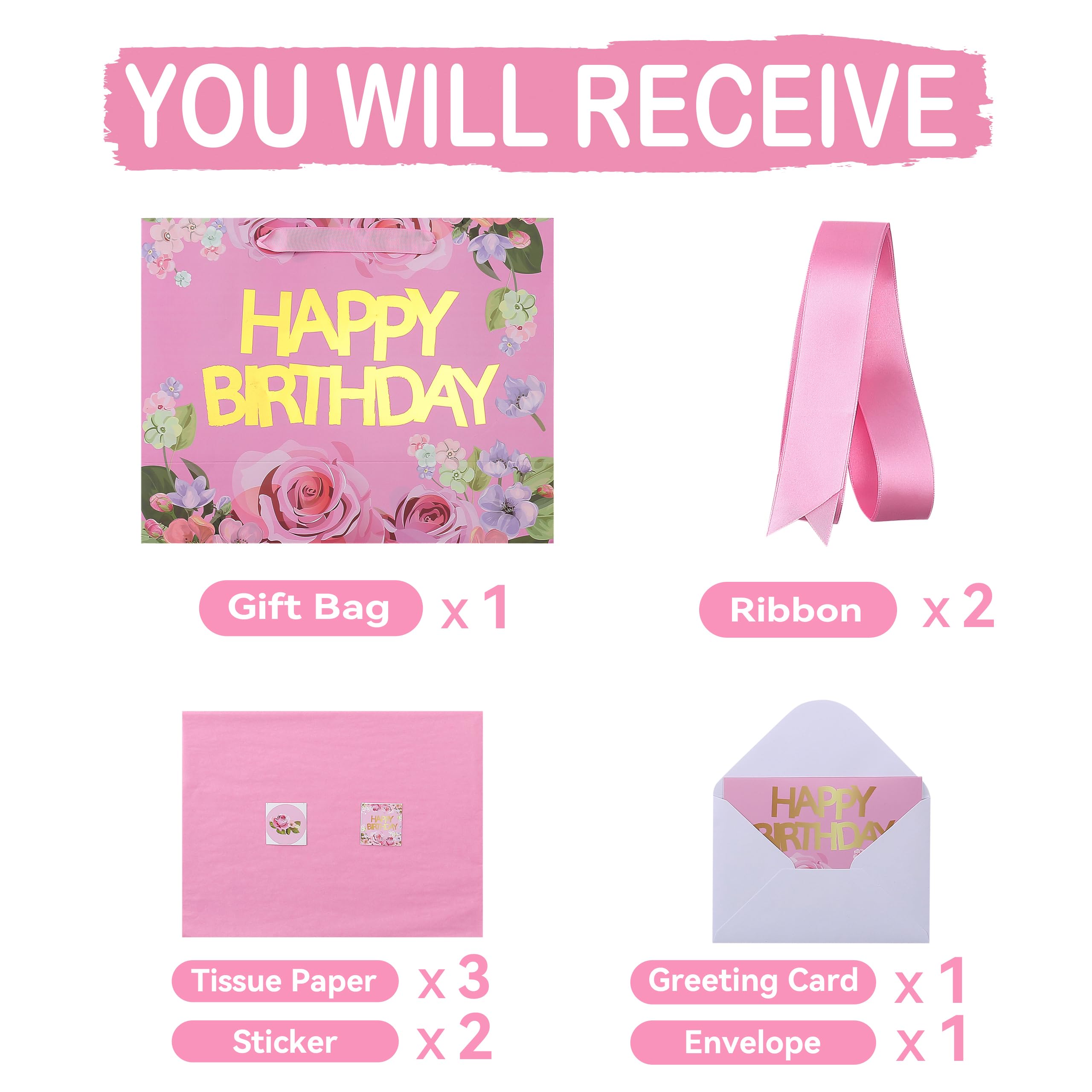 13" Large Pink Gift Bags Set with Greeting Card and Tissue Papers (Roses and Gold Foil ‘Happy Birthday’) for Women's Birthday Party, Girls' or Kids' Birthday Parties, Baby Girl, Baby Shower-13”x5.2”x10.2”,1 Pcs.