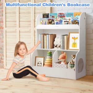 Asweets 2 in 1 Kids Bookshelf & Montessori Toy Storage Cubby, 3 Tiers Children Wooden Bookcase, Fit for Kids Room, Playroom, Kindergarten, Nursery, 31.5''L x 14.6''W x 39.4''H (White)