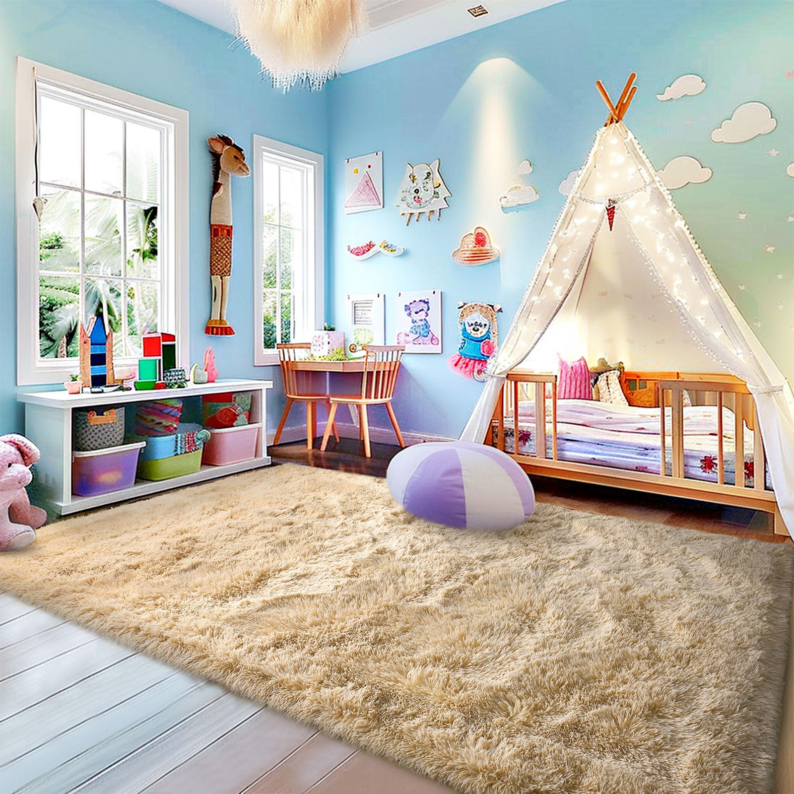 Soft Shaggy Rugs Camel Fluffy Rug for Bedroom White Fuzzy Rug Non-Slip Indoor Floor Carpet for Living Room 4x6