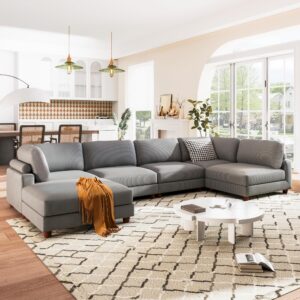 Merax 163" Modular Big Sectional Sofa with Ottoman L Shaped Corner Couch 6-Seater for Apartment,Grey