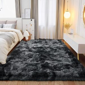 Shaggy Soft Fluffy Rug Non-Slip Indoor Floor Carpet for Living Room Anti-Skid Indoor Carpet Tie-Dyed Black Grey 2x3 Feet