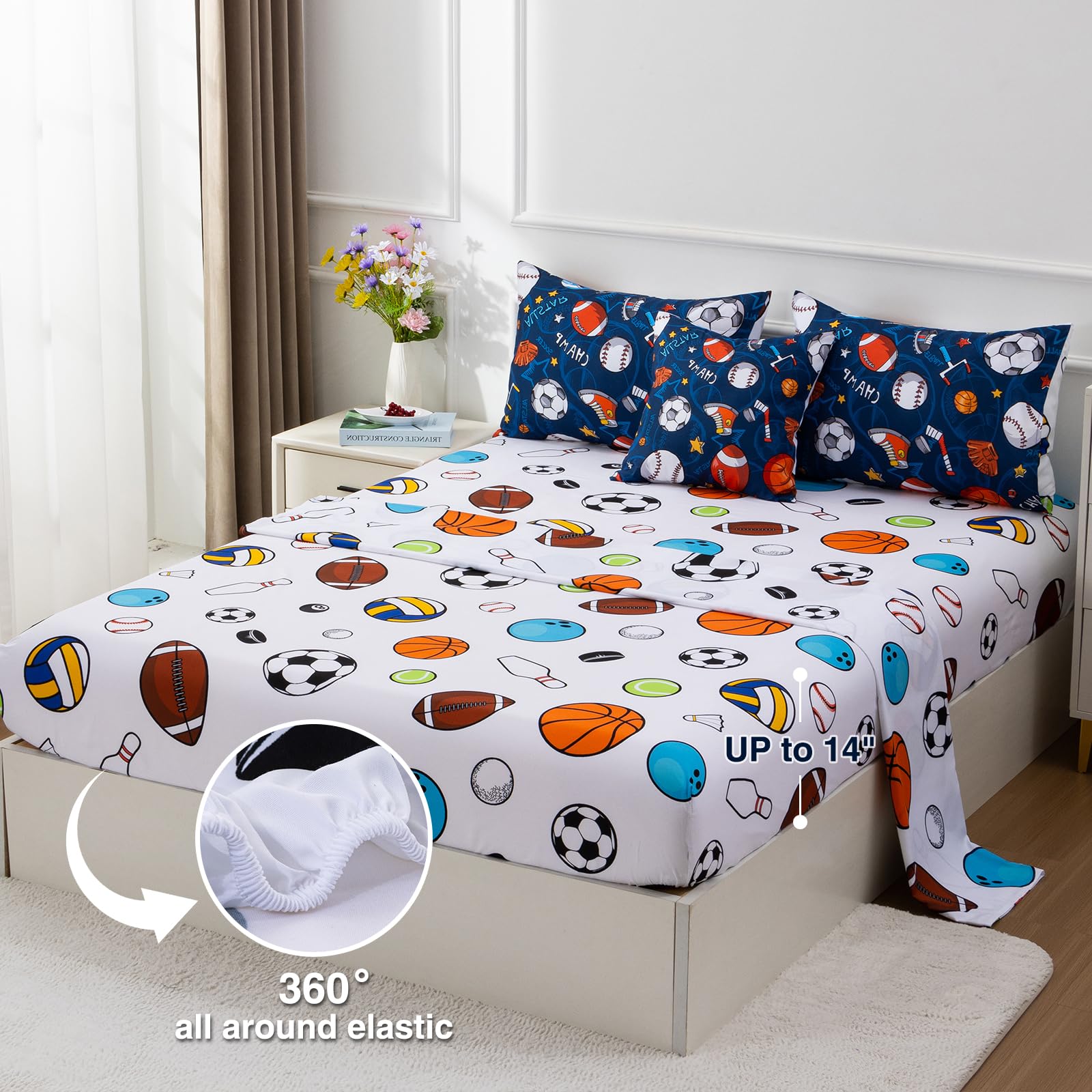 A Nice Night 6Pcs Bed in A Bag Twin Sports Microfiber Modern Comforter Set,Navy Rugby Ball Printed Bedding Collections,for Boys Kids Teen