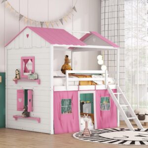 merax full over full bunk wood house bed with elegant windows, sills and tent, pink+white