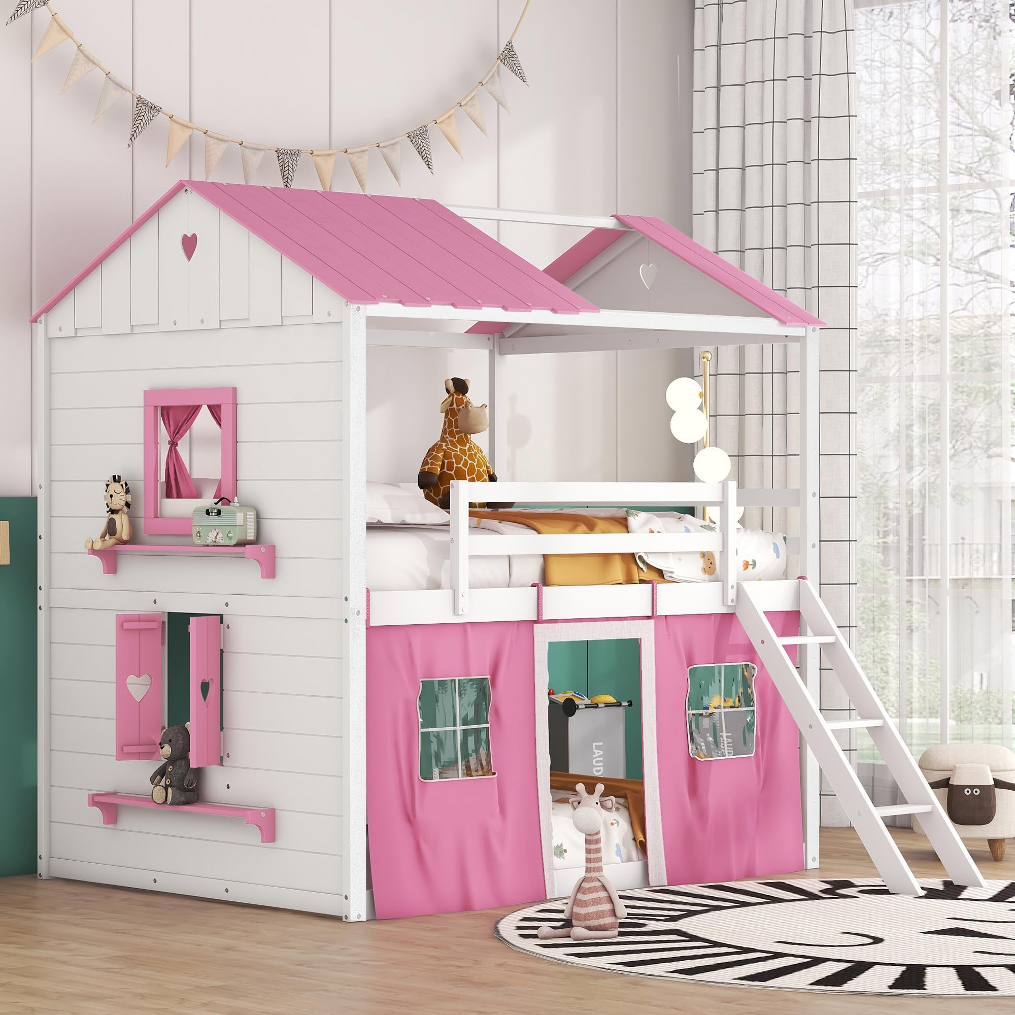 Merax Full Over Full Bunk Wood House Bed with Elegant Windows, Sills and Tent, Pink+White