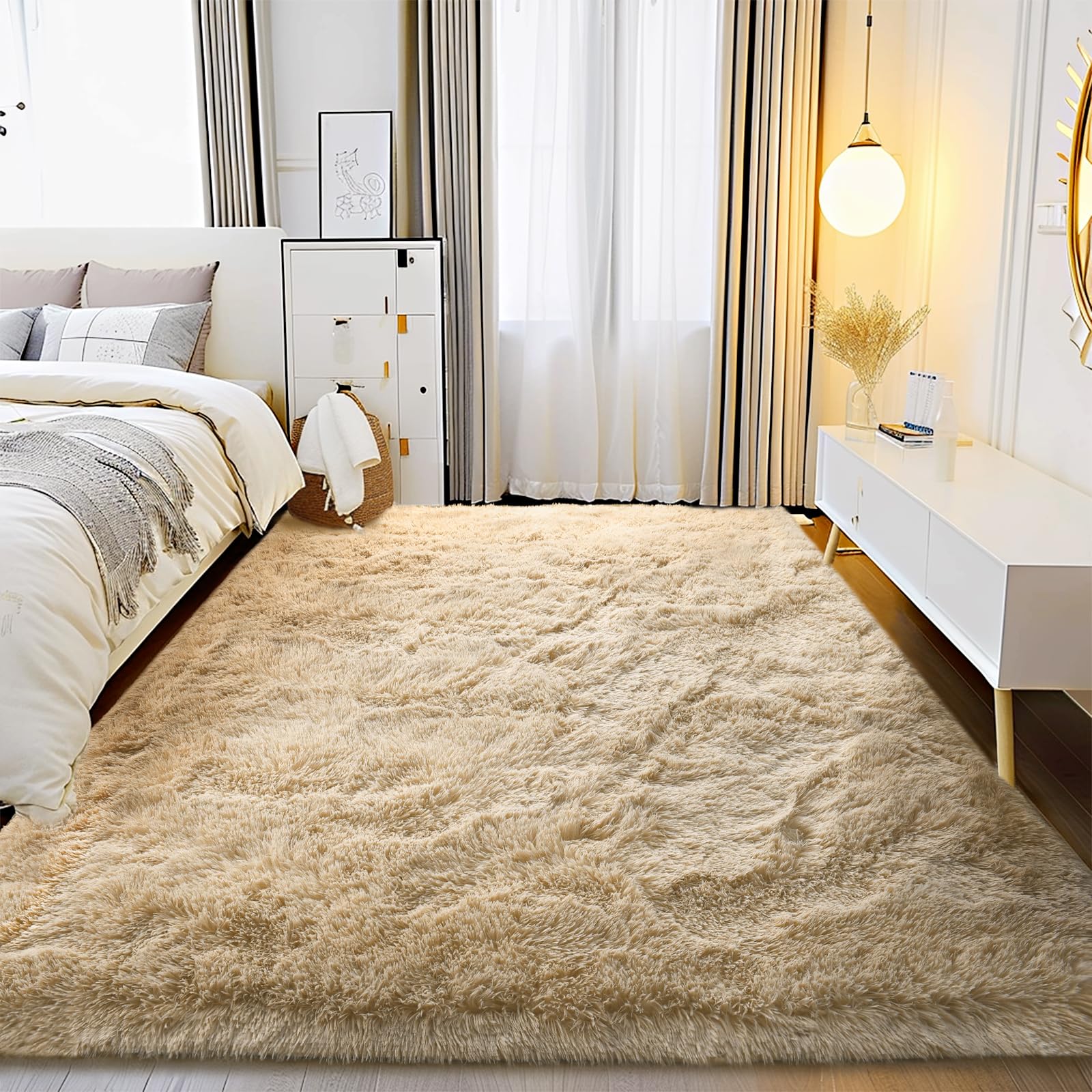 Soft Shaggy Rugs Camel Fluffy Rug for Bedroom White Fuzzy Rug Non-Slip Indoor Floor Carpet for Living Room 5x7