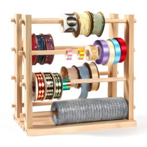 newele two-row ribbon holder organizer rack - wooden ribbon spool holder for mesh ribbon wreath thread tulle roll washi tape, ribbon organizer for craft room, florist supplies, wrapping craft