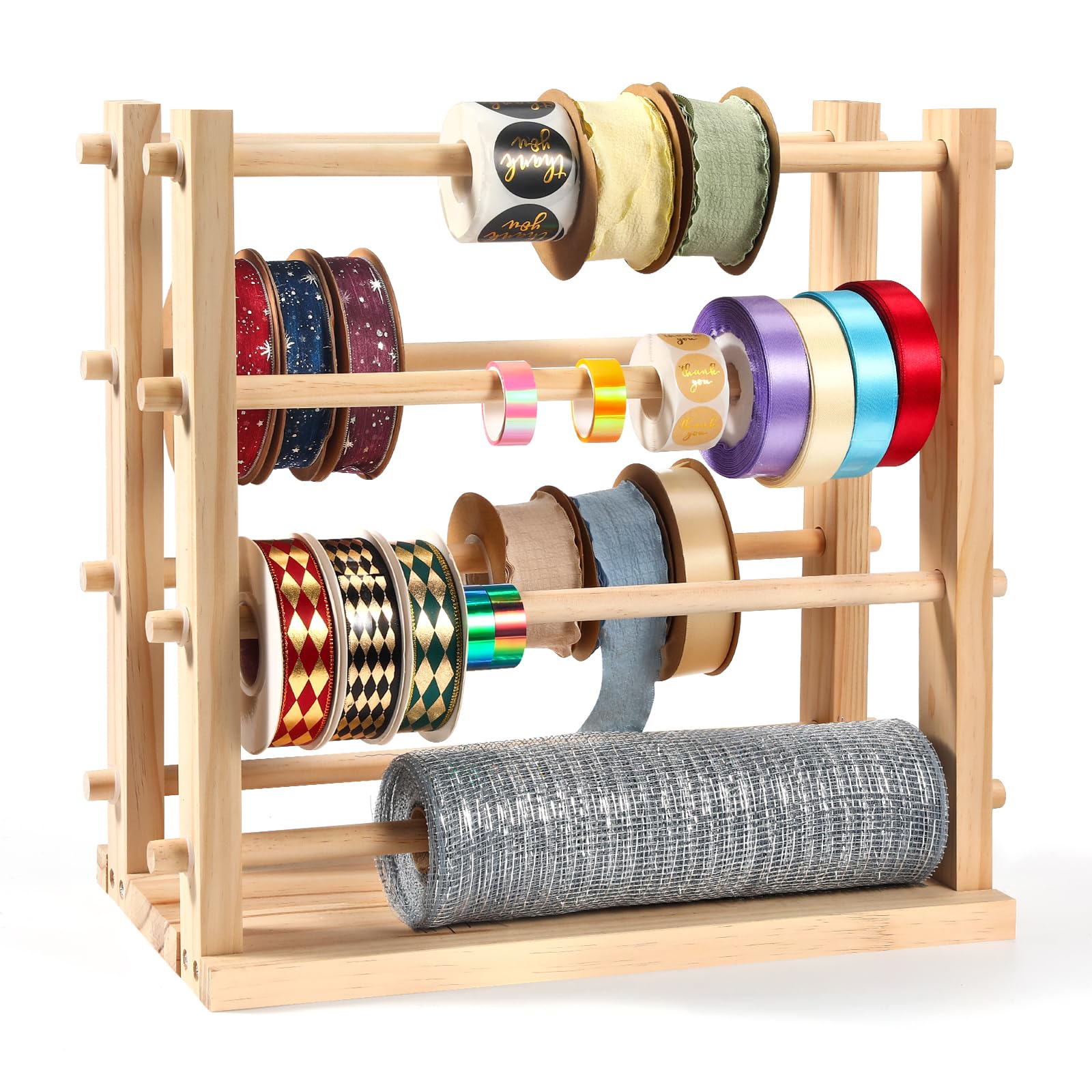 NewEle Two-row Ribbon Holder Organizer Rack - Wooden Ribbon Spool Holder for Mesh Ribbon Wreath Thread Tulle Roll Washi Tape, Ribbon Organizer for Craft Room, Florist Supplies, Wrapping Craft