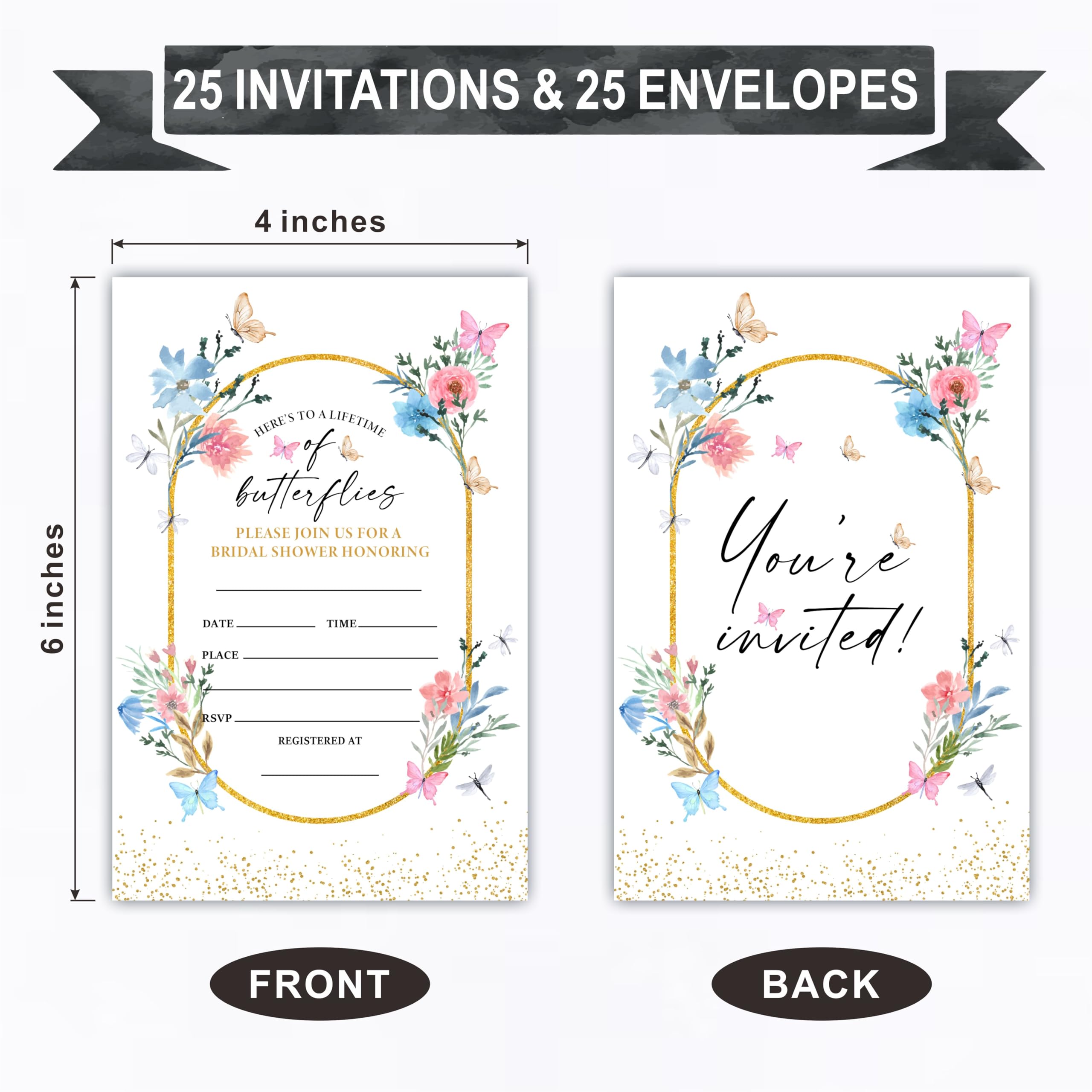 25 Bridal Shower Invitation Cards With Envelopes - Here's To A Lifetime Of Butterflies - Floral Golden Oval Invites For Newlyweds, Wedding & Bridal Shower Celebration, Party Favor & Decorations - B16