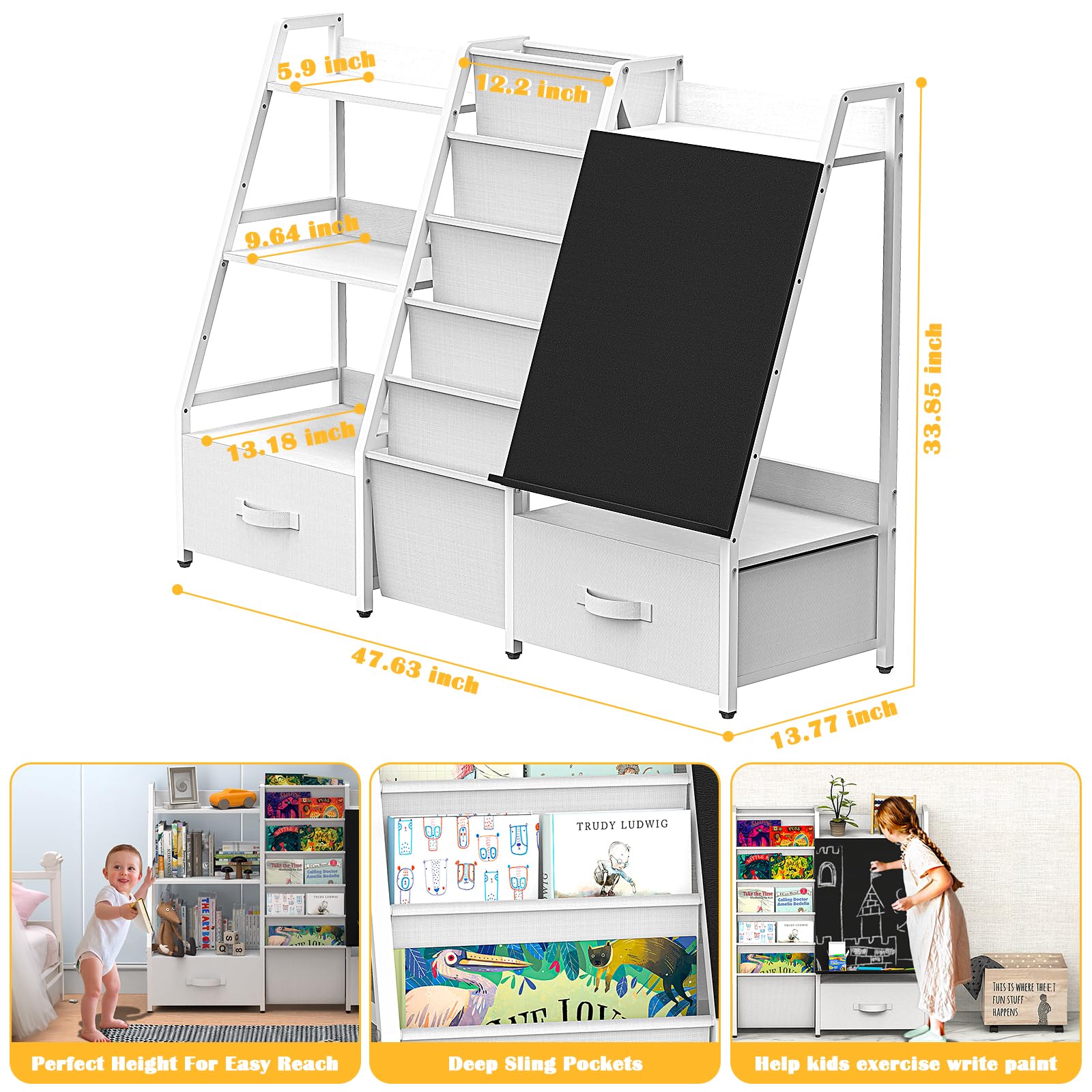 XINTUO Large Kids Bookshelf and Toys Storage Organizer,4 Tier Kids Bookshelf for with Drawing Board and Drawers for Kids Rooms,Bedroom,Playroom,Nursery,Baby Storage Organizer with Bookshelf