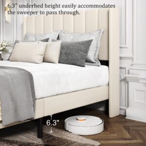 HAOARA Queen Size Velvet Bed Frame with Vertical Chanel Tufted Headboard and Wingback, Upholstered Platform Bed, Strong Wooden Slats, No Box Spring Needed, Beige