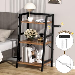 3-Tier Bookshelf, Ladder Shelf, Industrial Bookcase with Steel Frame, Metal Small Bookcase, for Living Room, Home Office, Kitchen, Bedroom, Industrial Style（Rustic Brown & Black）