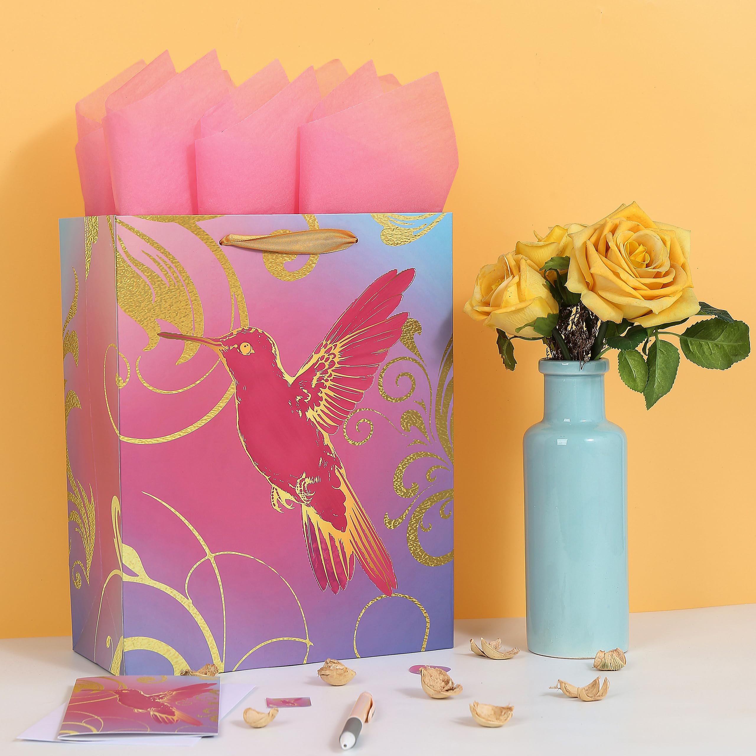 Qirrmiy 13" Large Pink Gift Bag Set with Greeting Card and Tissue Papers (A Pink Bird Design) for Celebrating Birthdays, Weddings, Anniversaries and Mother's Day-10.2”x5.2”x13”, 1 Pcs.