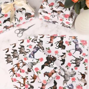 12 Sheets Horse Floral Wrapping Paper Run for The Roses Themed Gift Wrap Paper for Kentucky Derby Party Horse Racing Birthday Party DIY Craft, 19.7 × 27.6 Inch