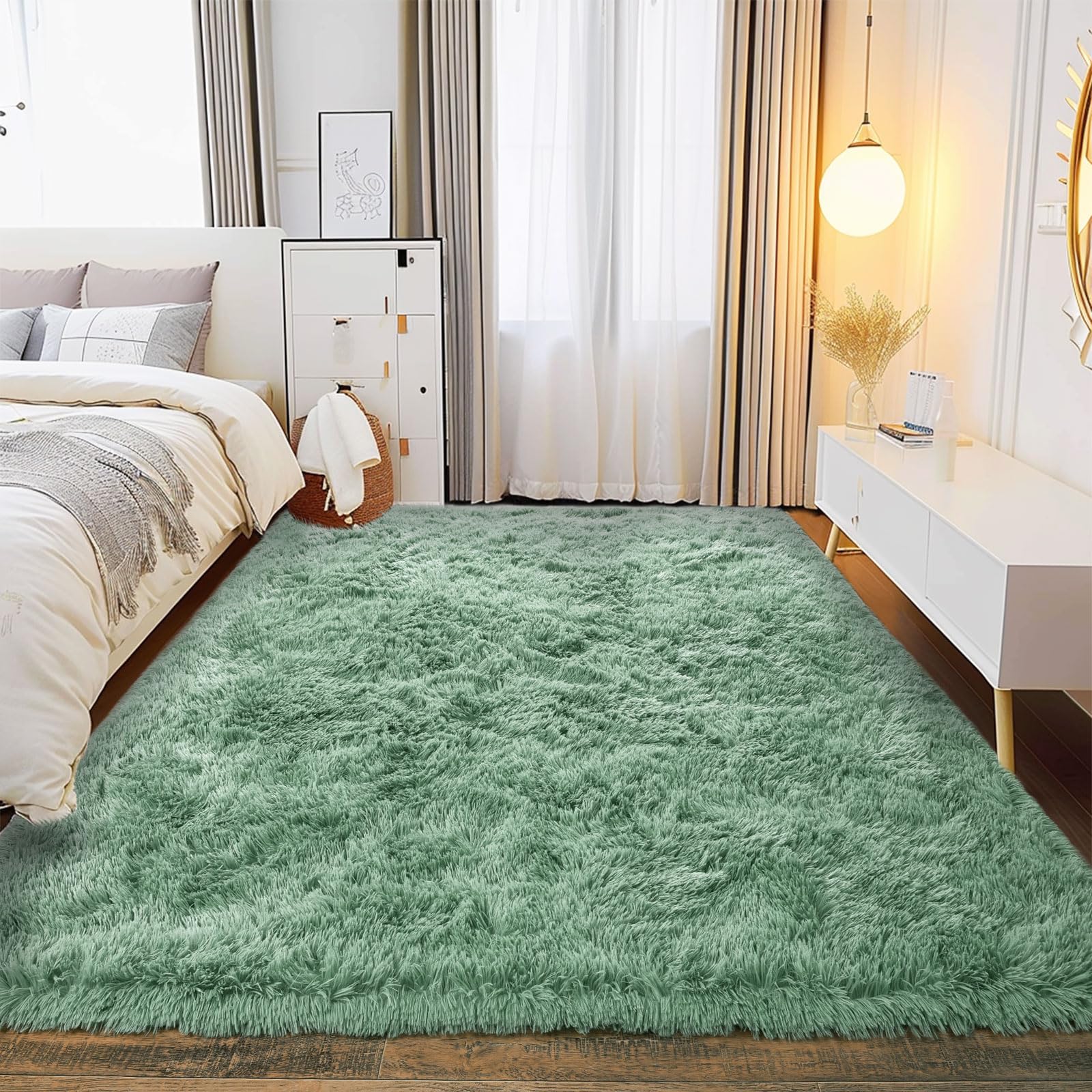 Fluffy Rug for Living Room Shaggy Soft Area Rug Mint Green Fuzzy Rug Non-Slip Indoor Floor Carpet, Rectangle 4x6 Feet