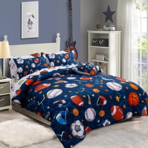 A Nice Night 6Pcs Bed in A Bag Twin Sports Microfiber Modern Comforter Set,Navy Rugby Ball Printed Bedding Collections,for Boys Kids Teen