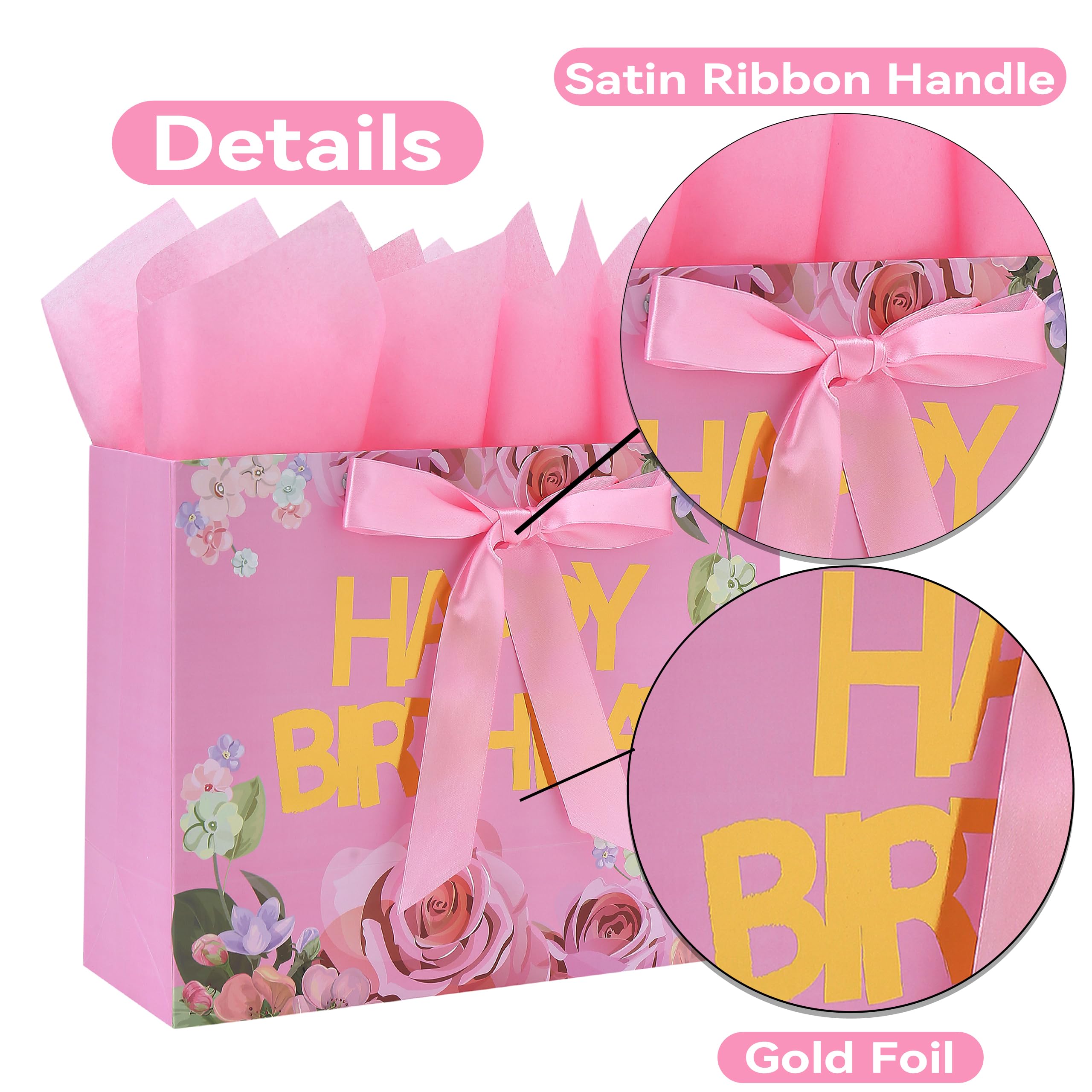 13" Large Pink Gift Bags Set with Greeting Card and Tissue Papers (Roses and Gold Foil ‘Happy Birthday’) for Women's Birthday Party, Girls' or Kids' Birthday Parties, Baby Girl, Baby Shower-13”x5.2”x10.2”,1 Pcs.