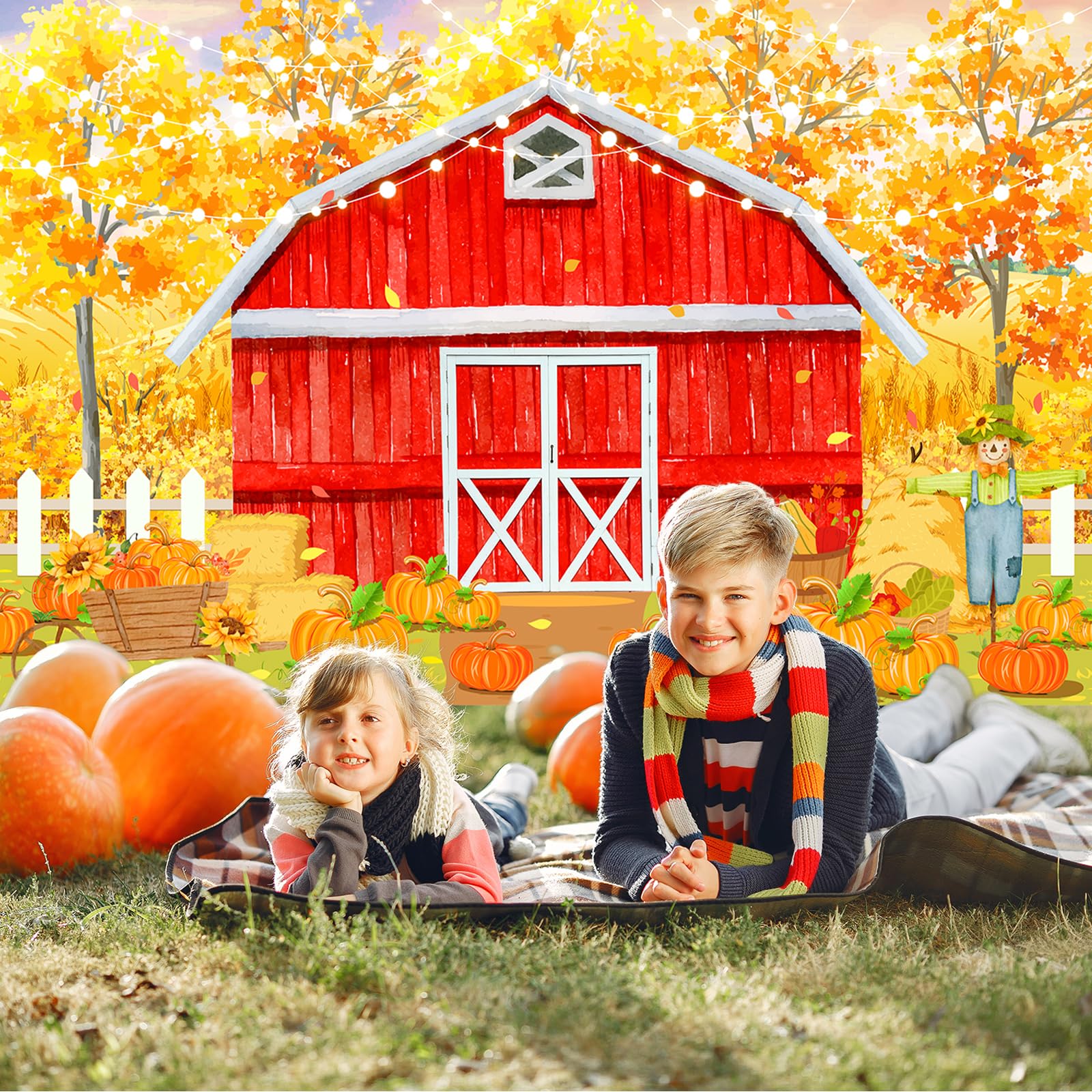 Avezano Fall Red Farm Backdrop Watercolor Autumn Pumpkin Patch Banner Fall Thanksgiving Day Baby Shower Birthday Party Decoration Banner 70.8 x 43.3 Inch