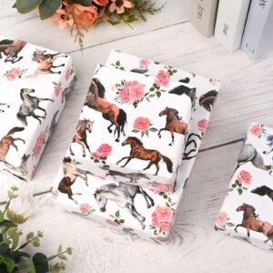 12 Sheets Horse Floral Wrapping Paper Run for The Roses Themed Gift Wrap Paper for Kentucky Derby Party Horse Racing Birthday Party DIY Craft, 19.7 × 27.6 Inch