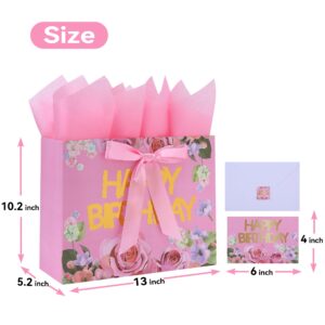 13" Large Pink Gift Bags Set with Greeting Card and Tissue Papers (Roses and Gold Foil ‘Happy Birthday’) for Women's Birthday Party, Girls' or Kids' Birthday Parties, Baby Girl, Baby Shower-13”x5.2”x10.2”,1 Pcs.