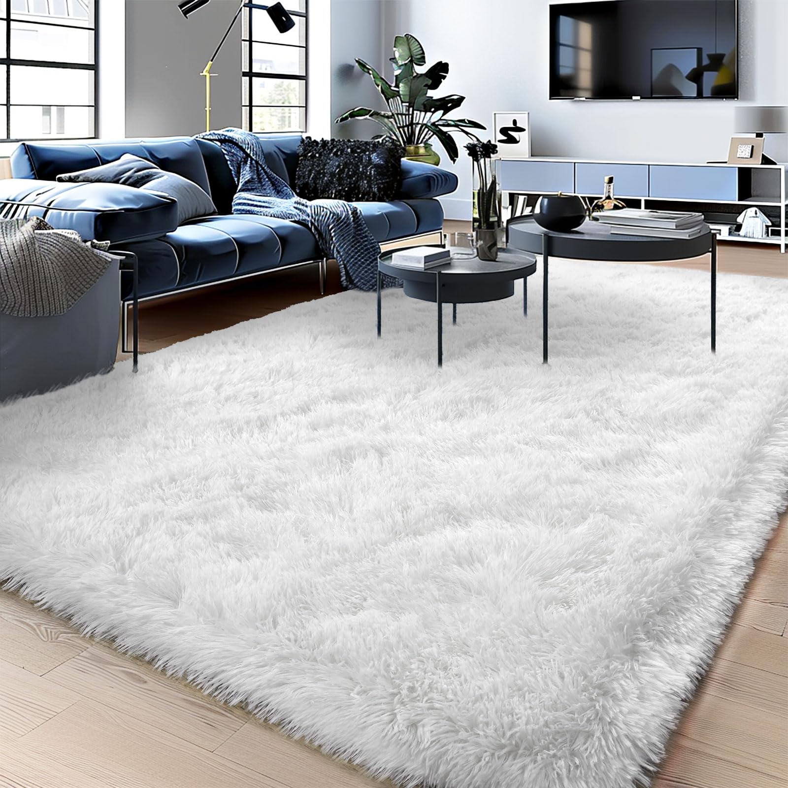 White Fluffy Rug for Bedroom White Fuzzy Rug Non-Slip Indoor Floor Carpet for Living Room Anti-Skid Rectangular Fuzzy Rug 8x10