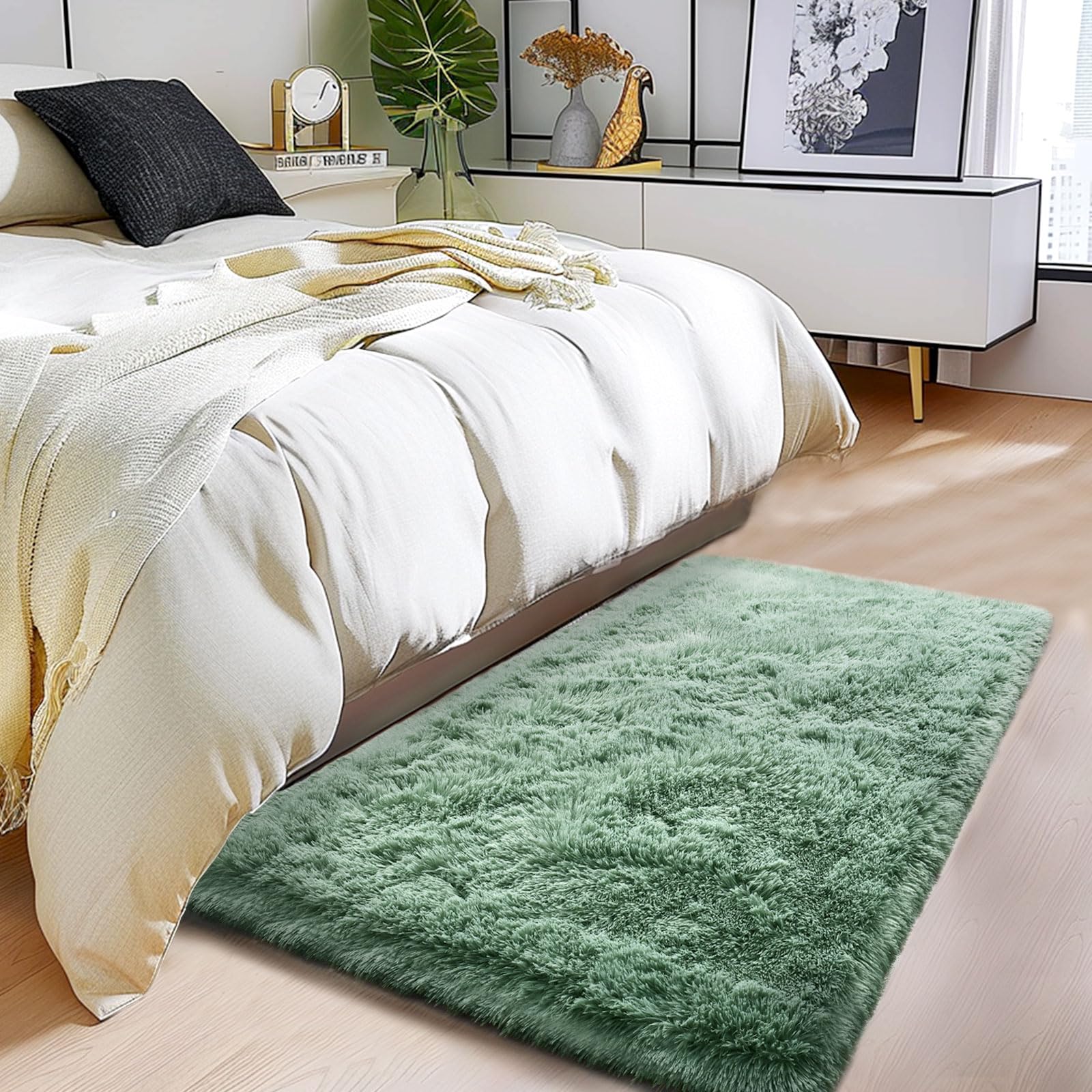 Fluffy Rug for Living Room Shaggy Soft Area Rug Mint Green Fuzzy Rug Non-Slip Indoor Floor Carpet, Rectangle 2x3 Feet