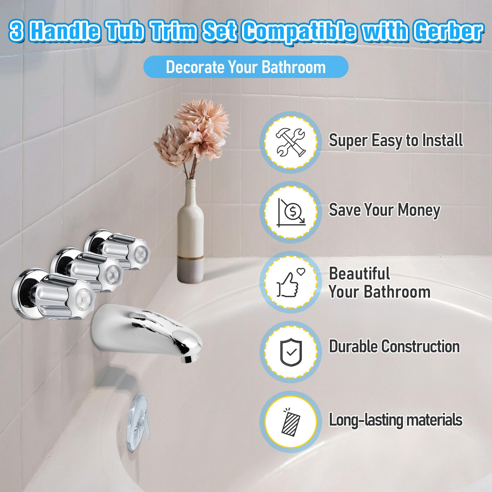 Enhon Faucet Handles, 3 Handle Tub Trim Set Compatible with Gerber Faucet Knob Handle Bathtub Shower Faucet Handle Remodel Trim Kit Include 1 Hot 1 Cold 1 Diverter, and 3 Adapters (16 Point Broach)