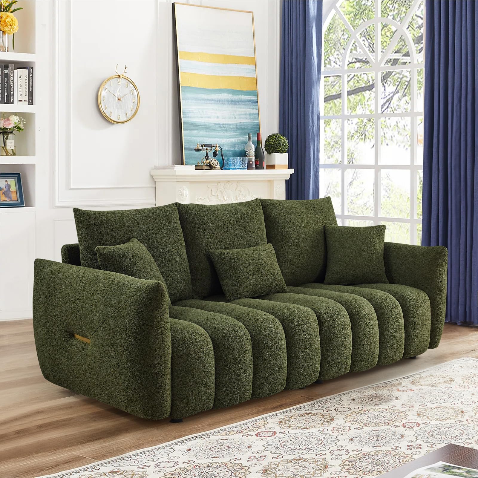 Cloud Sofa Couch,82" Teddy Bouclé Upholstered 3 Seater Sofa,Tufted Comfy Couch,Modern Sherpa Couch,Deep Seat Sofa with 3 Pillows,Oversized Loveseat for Living Room,Bedroom,Office,Apartment(Green)