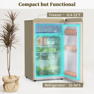 rosmena Retro Mini Fridge for Bedroom, 3.5 Cu.Ft Mini Fridge with Freezer, Mini Dorm Fridge with Thermostat Control, Small Fridge for Bedroom, Office, Dorm, Kitchen, Living Room(Gold)