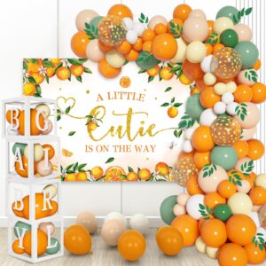 154PCS Little Cutie Baby Shower Balloon Boxes Decorations,Orange Balloon Garland Arch Kit with A Little Cutie is on the Way Backdrop, Baby Boxes with Letters for Orange Baby Shower Decorations