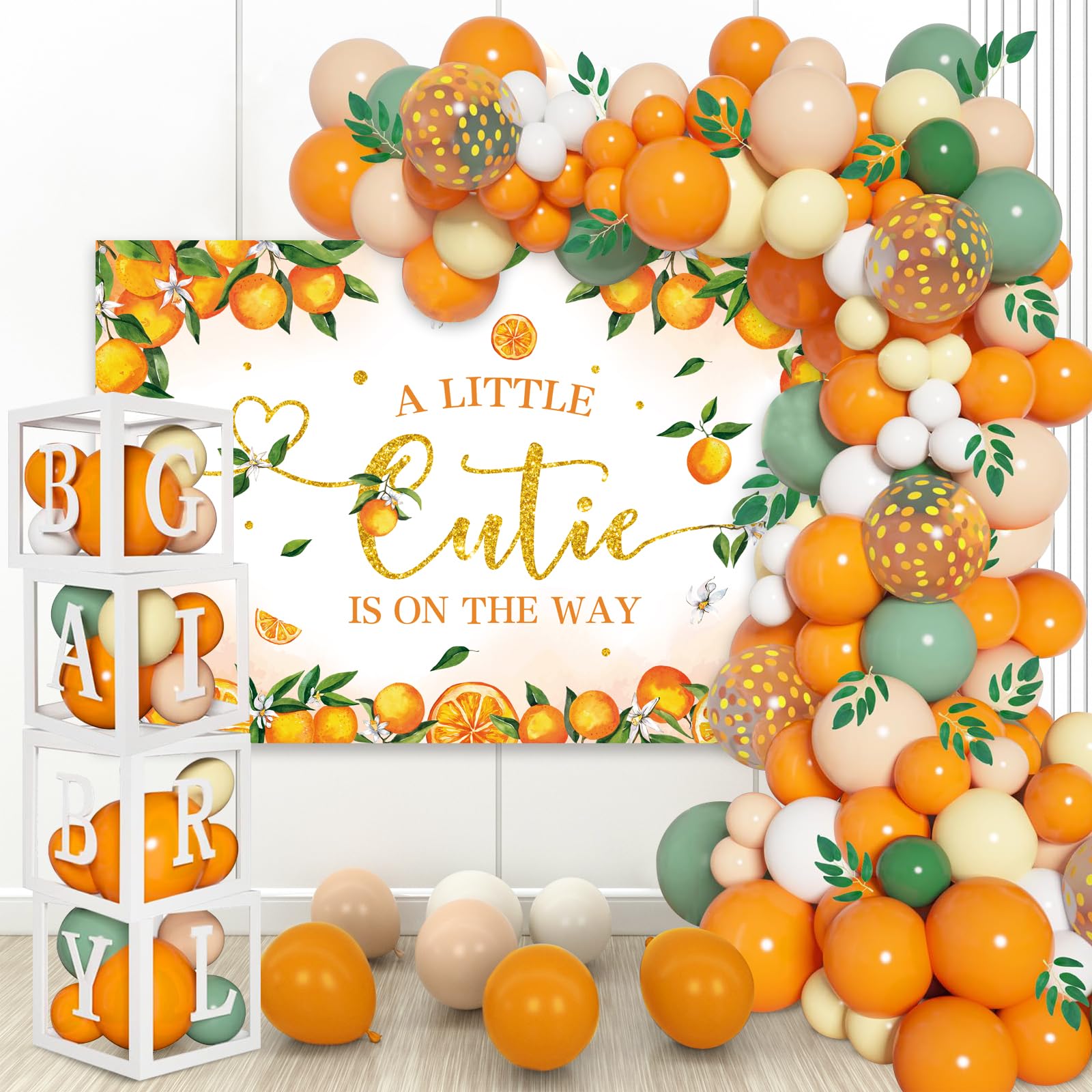 154PCS Little Cutie Baby Shower Balloon Boxes Decorations,Orange Balloon Garland Arch Kit with A Little Cutie is on the Way Backdrop, Baby Boxes with Letters for Orange Baby Shower Decorations