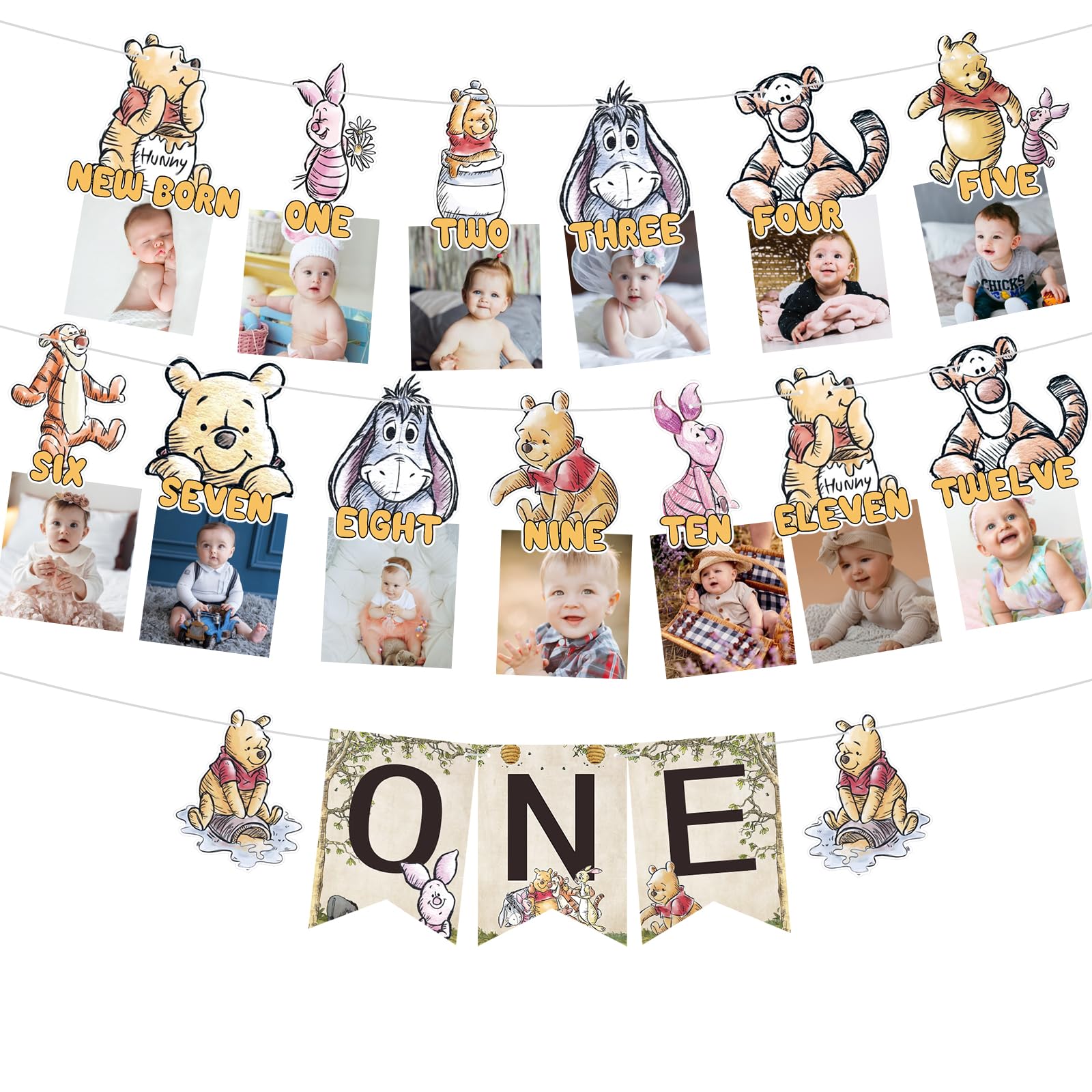 Bear Banner for Baby Shower Decorations, First Birthday Baby Photo Banner with Cute Picture Card Frames for Baby One Birthday Party Decorations