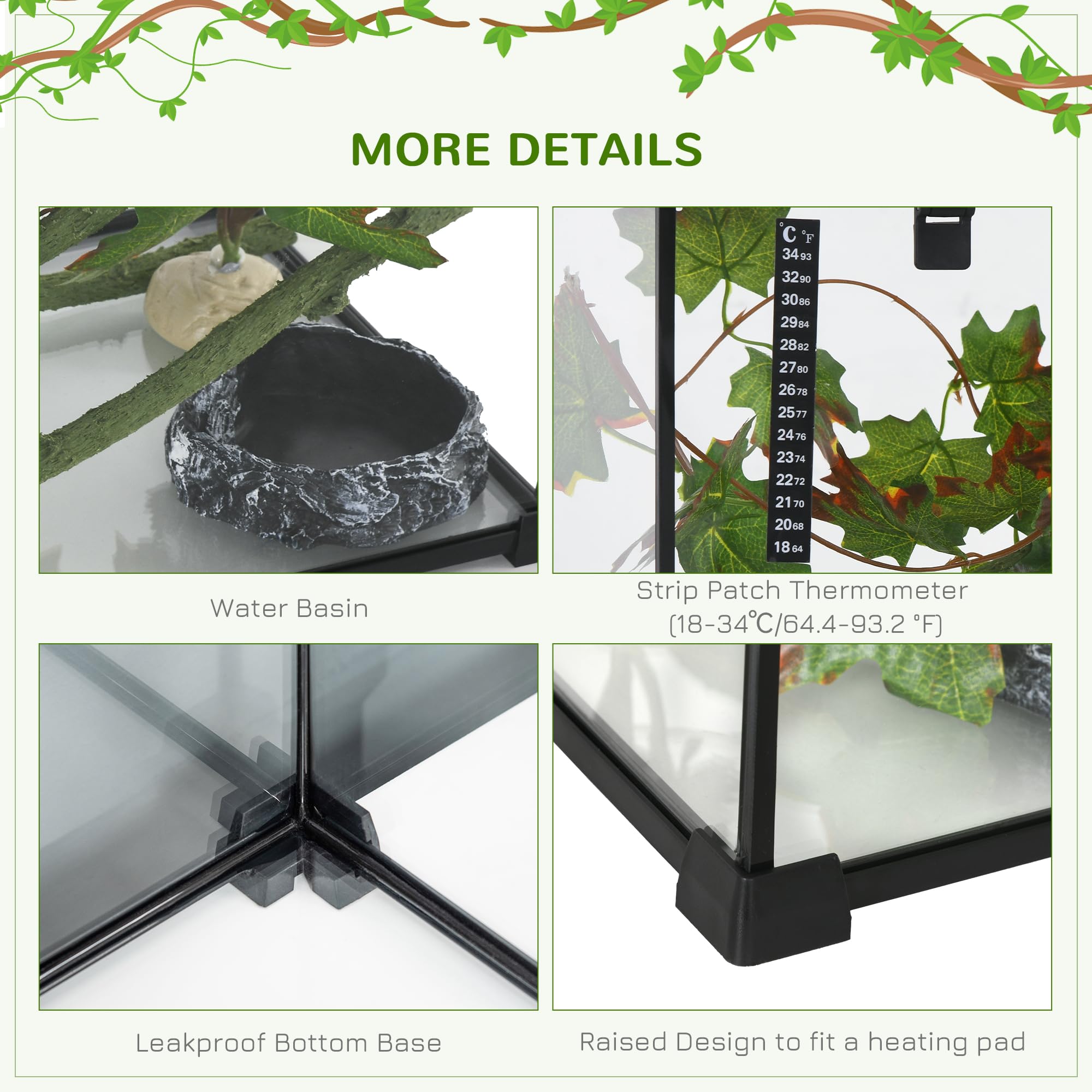 PawHut 14 Gallon Glass Reptile Enclosure with Decor Kit, Crested Gecko Tank, Full View Terrarium Tank with Visually Appealing Sliding Screen Top for Lizards, Frogs, Snakes, Spiders, 20" x 12" x 14"