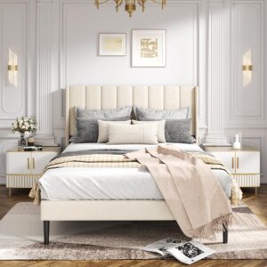 HAOARA Queen Size Velvet Bed Frame with Vertical Chanel Tufted Headboard and Wingback, Upholstered Platform Bed, Strong Wooden Slats, No Box Spring Needed, Beige