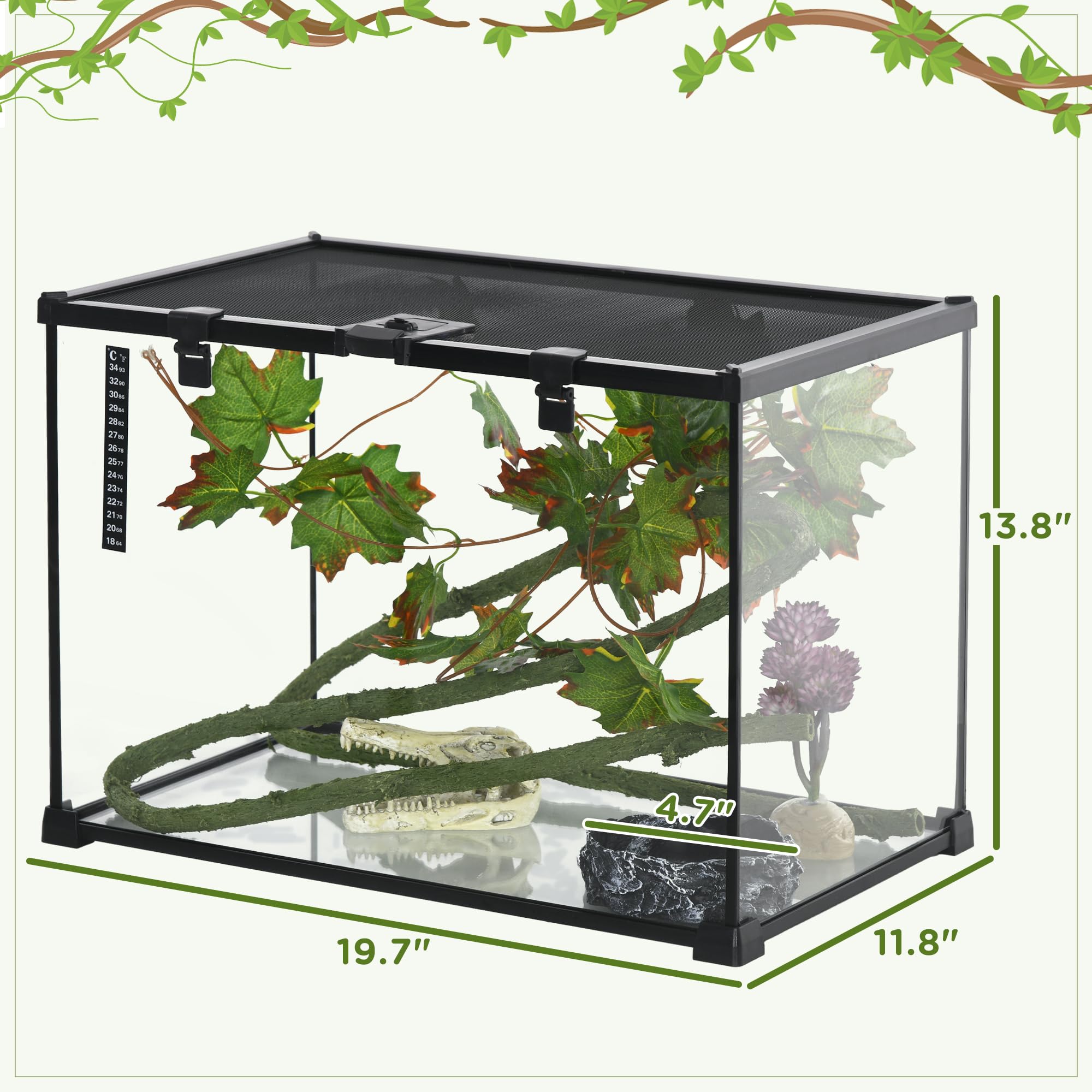 PawHut 14 Gallon Glass Reptile Enclosure with Decor Kit, Crested Gecko Tank, Full View Terrarium Tank with Visually Appealing Sliding Screen Top for Lizards, Frogs, Snakes, Spiders, 20" x 12" x 14"