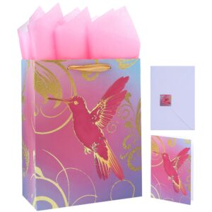 qirrmiy 13" large pink gift bag set with greeting card and tissue papers (a pink bird design) for celebrating birthdays, weddings, anniversaries and mother's day-10.2”x5.2”x13”, 1 pcs.