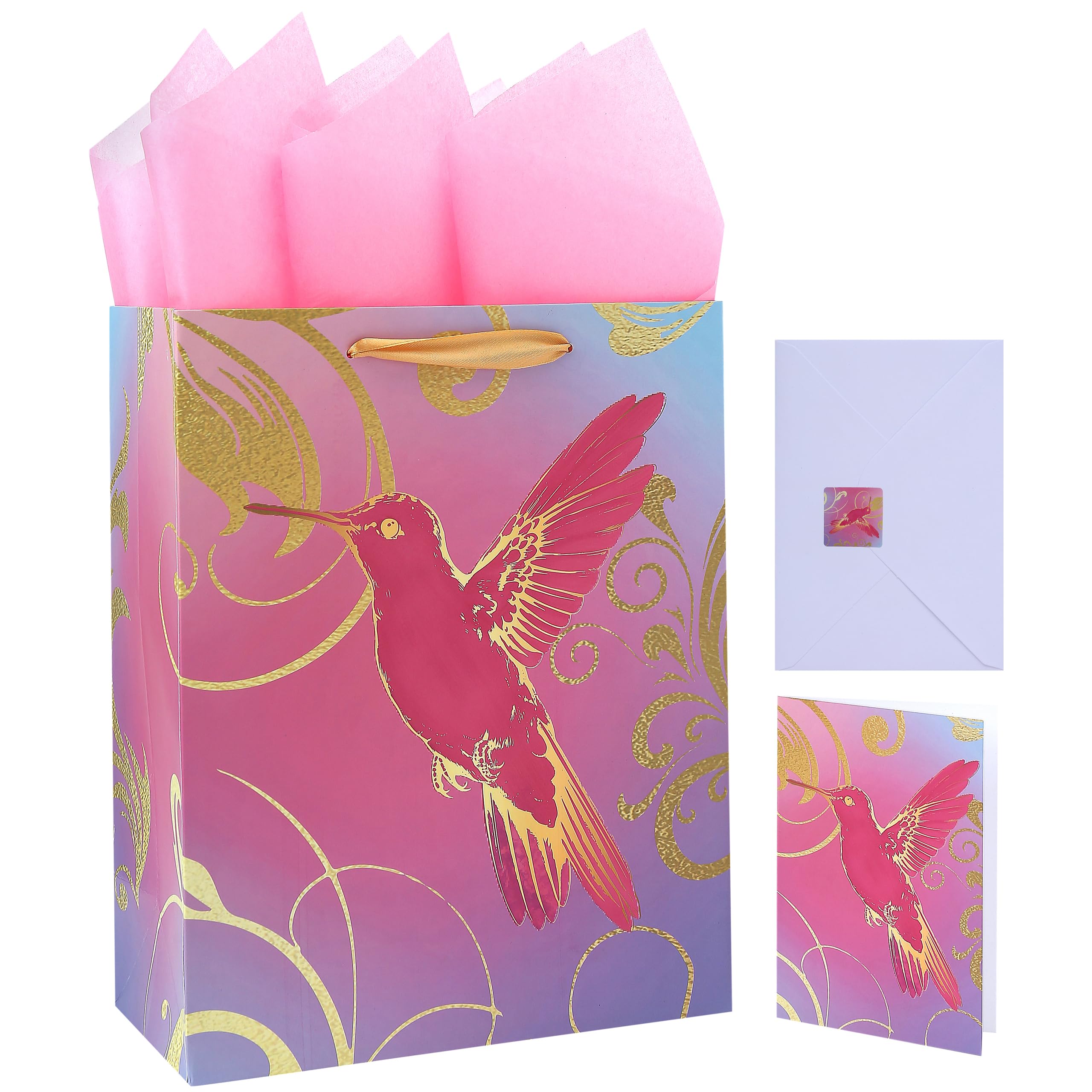 Qirrmiy 13" Large Pink Gift Bag Set with Greeting Card and Tissue Papers (A Pink Bird Design) for Celebrating Birthdays, Weddings, Anniversaries and Mother's Day-10.2”x5.2”x13”, 1 Pcs.