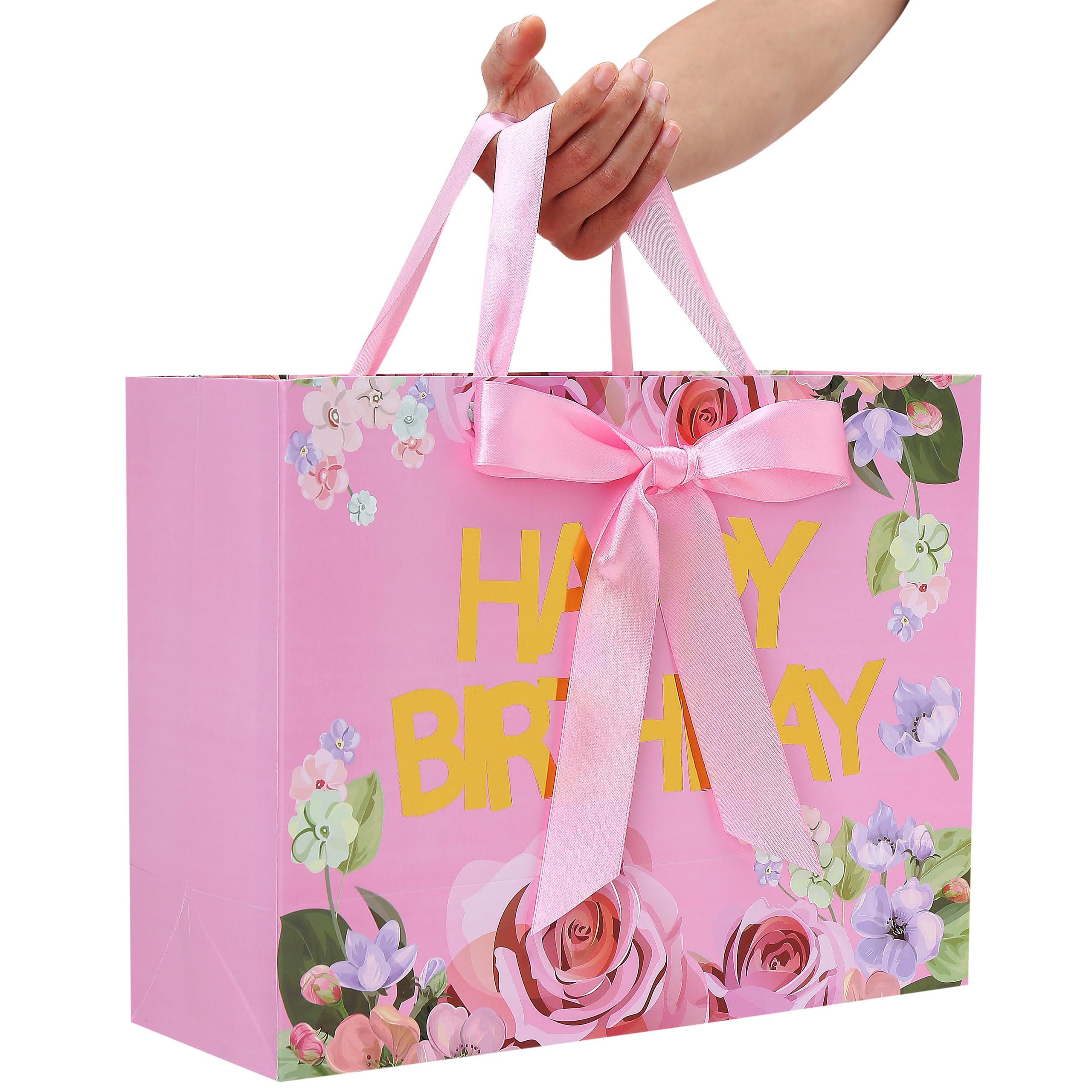 13" Large Pink Gift Bags Set with Greeting Card and Tissue Papers (Roses and Gold Foil ‘Happy Birthday’) for Women's Birthday Party, Girls' or Kids' Birthday Parties, Baby Girl, Baby Shower-13”x5.2”x10.2”,1 Pcs.