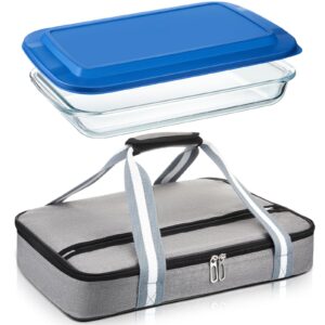 foldtier glass casserole with casserole carrier 9 x 13 inch glass baking dish with lid insulated bag for hot or cold food deep casserole dish for oven for potluck party picnic cookouts