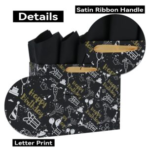 13" Large Black Gift Bag Set with Greeting Card and Tissue Papers (Cakes and Gifts Design) for Men's or Women's Party, Boys', Girls' or Kids' Birthday Parties, Baby Boy or Girl, Baby Shower-13”x5.2”x10.2”, 1 Pcs.