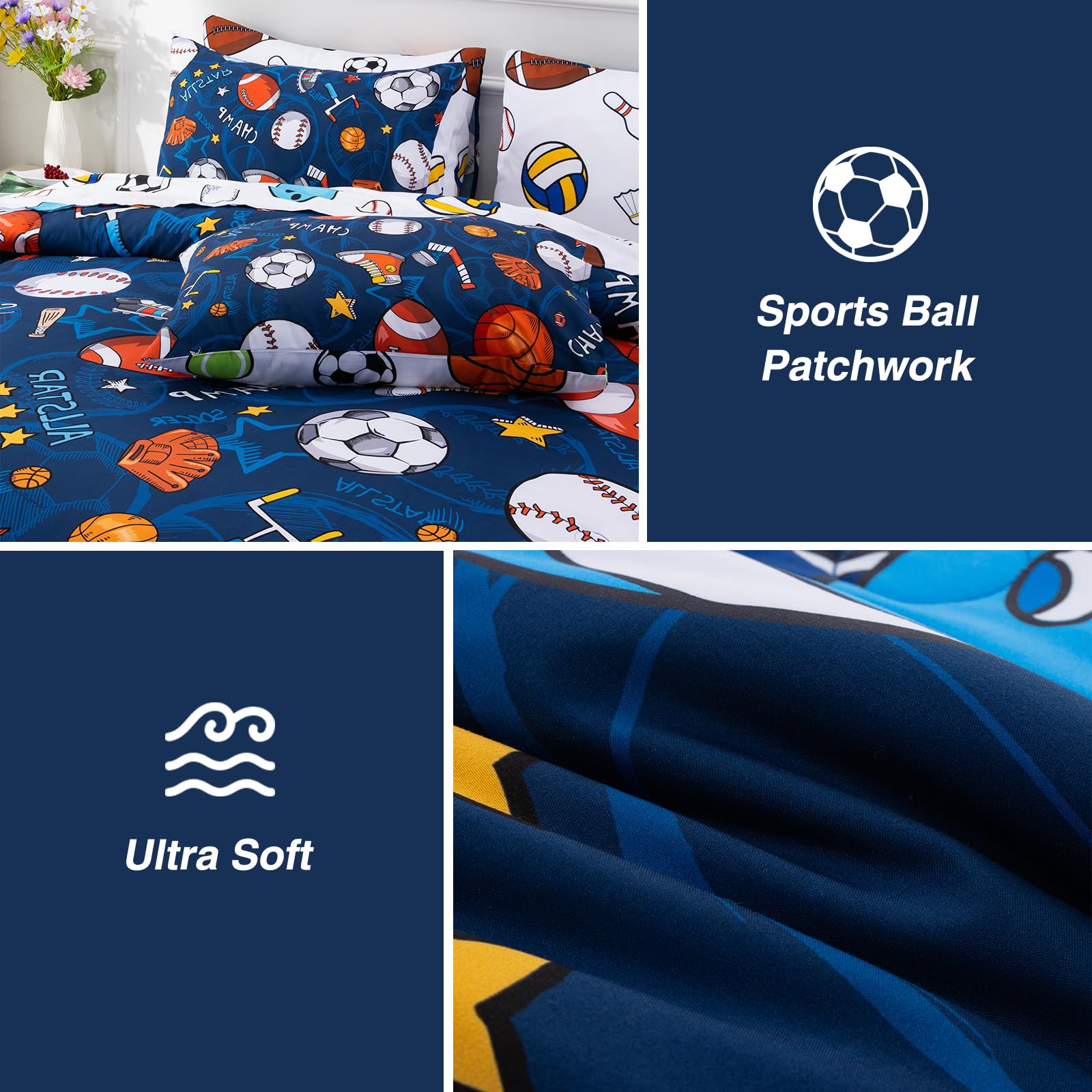 A Nice Night 6Pcs Bed in A Bag Twin Sports Microfiber Modern Comforter Set,Navy Rugby Ball Printed Bedding Collections,for Boys Kids Teen