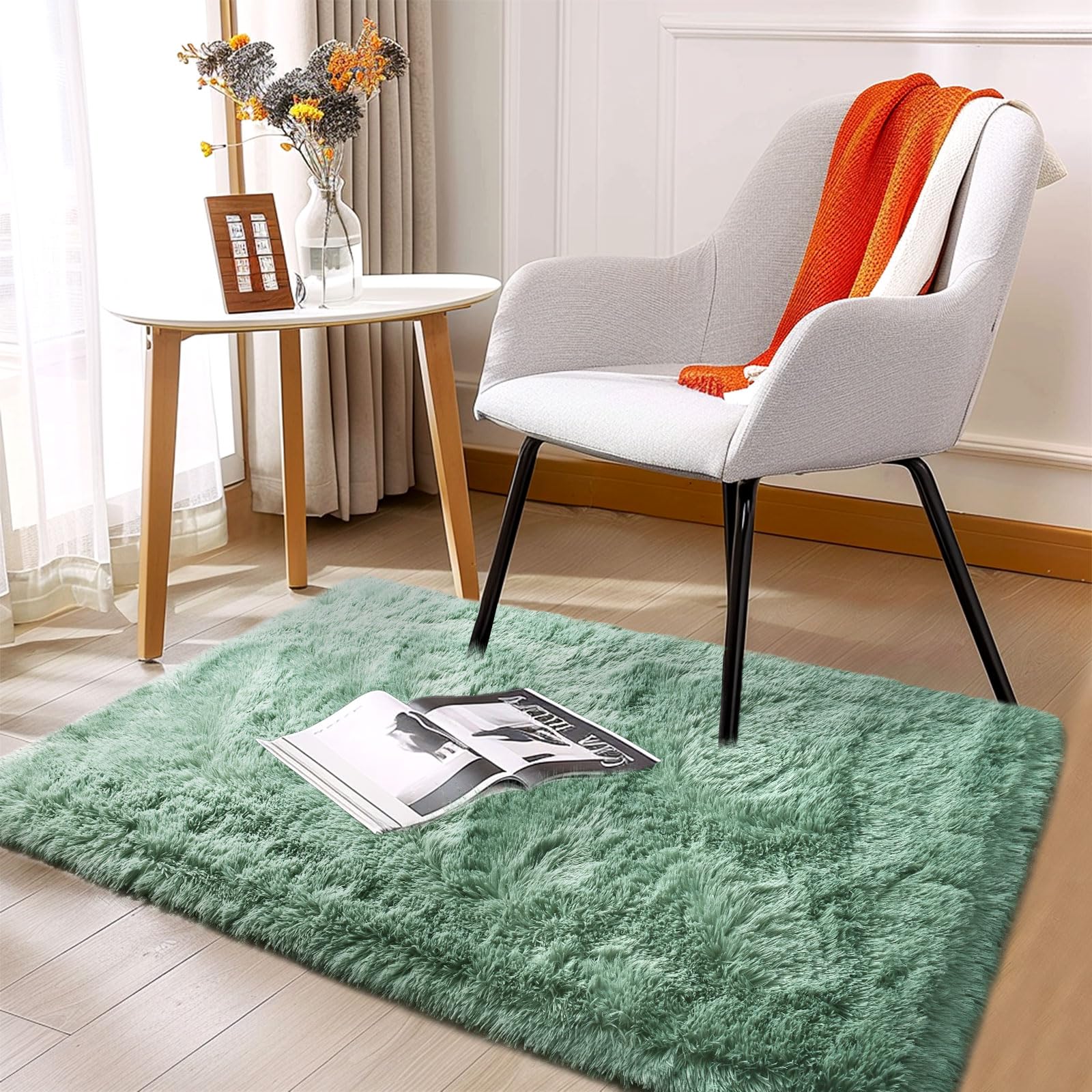 Fluffy Rug for Living Room Shaggy Soft Area Rug Mint Green Fuzzy Rug Non-Slip Indoor Floor Carpet, Rectangle 2x3 Feet