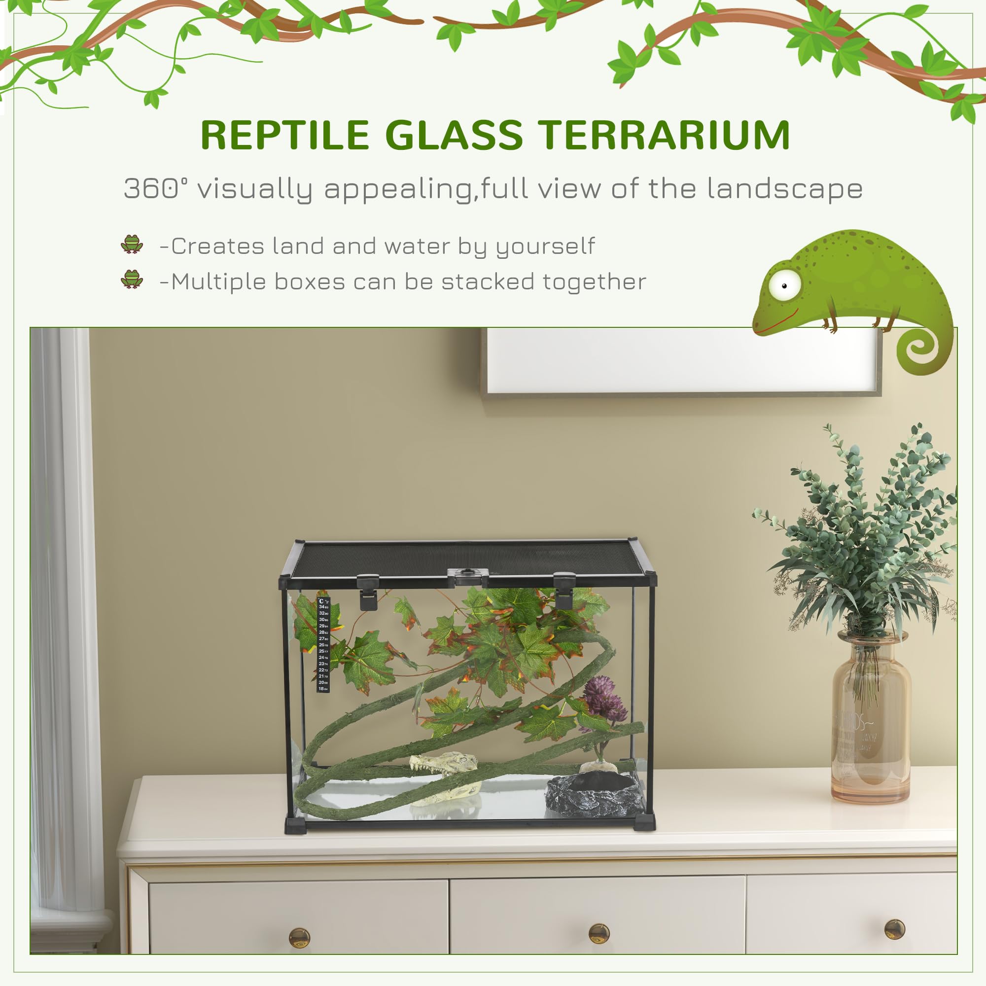 PawHut 14 Gallon Glass Reptile Enclosure with Decor Kit, Crested Gecko Tank, Full View Terrarium Tank with Visually Appealing Sliding Screen Top for Lizards, Frogs, Snakes, Spiders, 20" x 12" x 14"