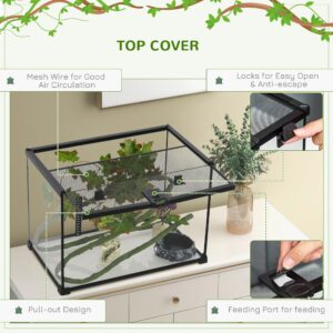 PawHut 14 Gallon Glass Reptile Enclosure with Decor Kit, Crested Gecko Tank, Full View Terrarium Tank with Visually Appealing Sliding Screen Top for Lizards, Frogs, Snakes, Spiders, 20" x 12" x 14"