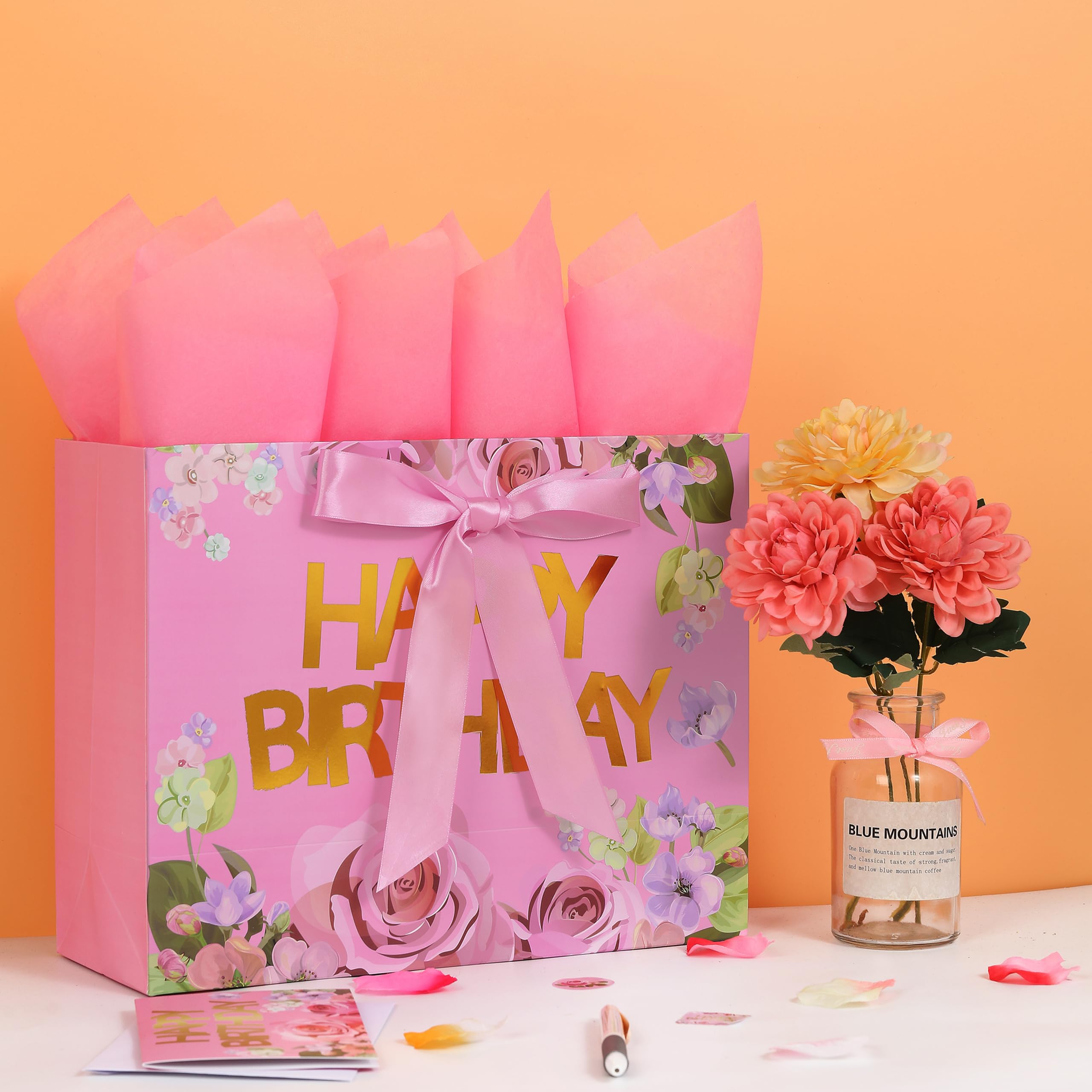 13" Large Pink Gift Bags Set with Greeting Card and Tissue Papers (Roses and Gold Foil ‘Happy Birthday’) for Women's Birthday Party, Girls' or Kids' Birthday Parties, Baby Girl, Baby Shower-13”x5.2”x10.2”,1 Pcs.