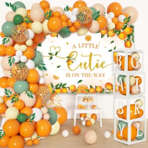 154pcs little cutie baby shower balloon boxes decorations,orange balloon garland arch kit with a little cutie is on the way backdrop, baby boxes with letters for orange baby shower decorations