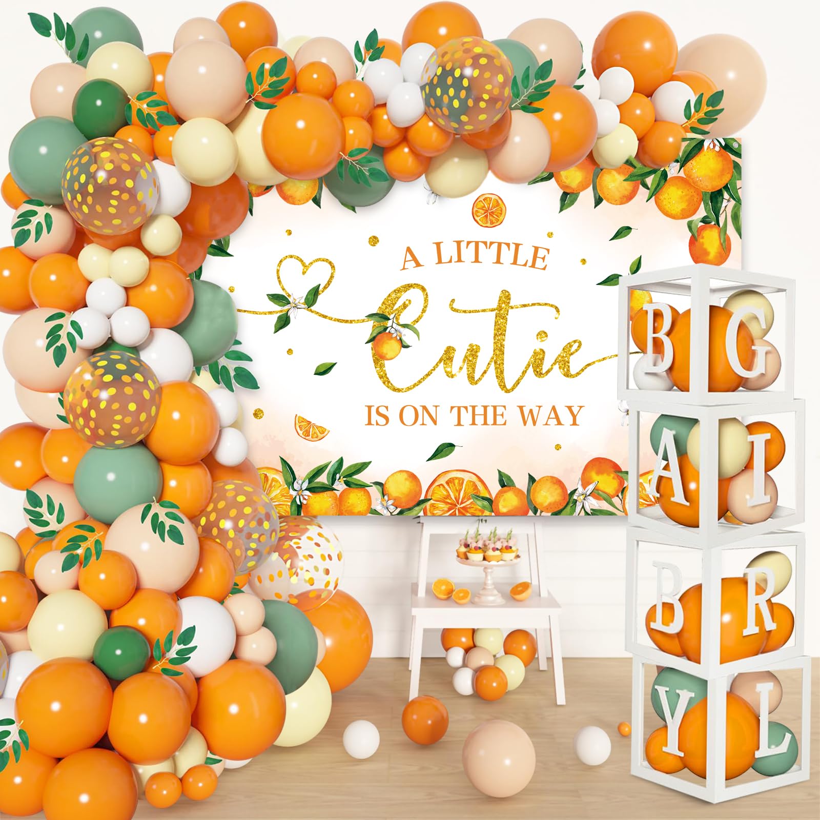 154PCS Little Cutie Baby Shower Balloon Boxes Decorations,Orange Balloon Garland Arch Kit with A Little Cutie is on the Way Backdrop, Baby Boxes with Letters for Orange Baby Shower Decorations